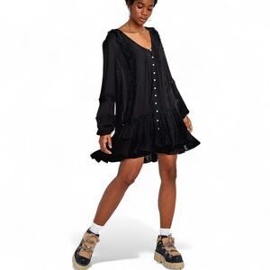 FREE PEOPLE Snow Angel Black Lacey Eyelit Crochet Peasent Sleeve Mini Dress SZ M